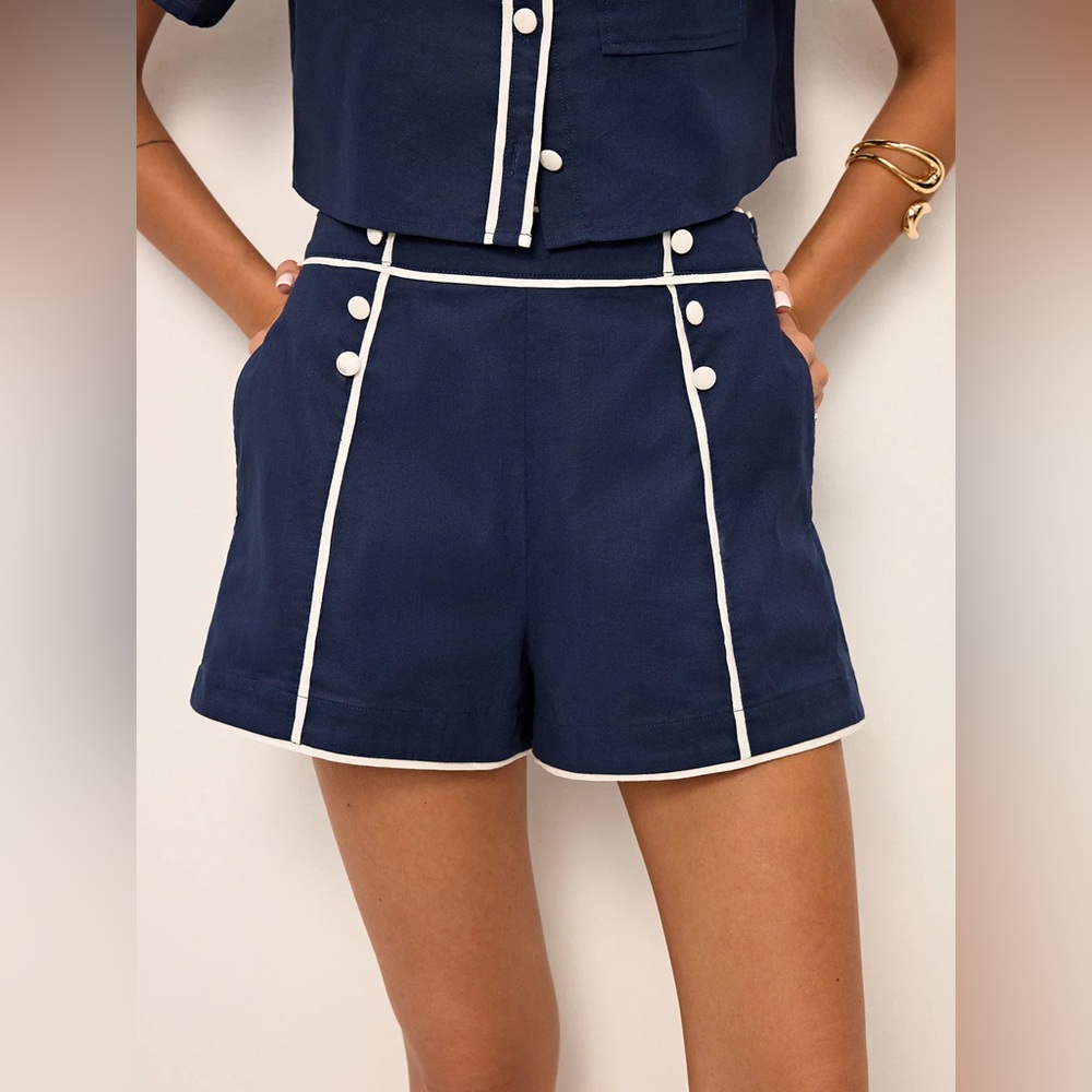 Navy Contrast-Trim High-Waist Women's Shorts - Picture 6 of 7